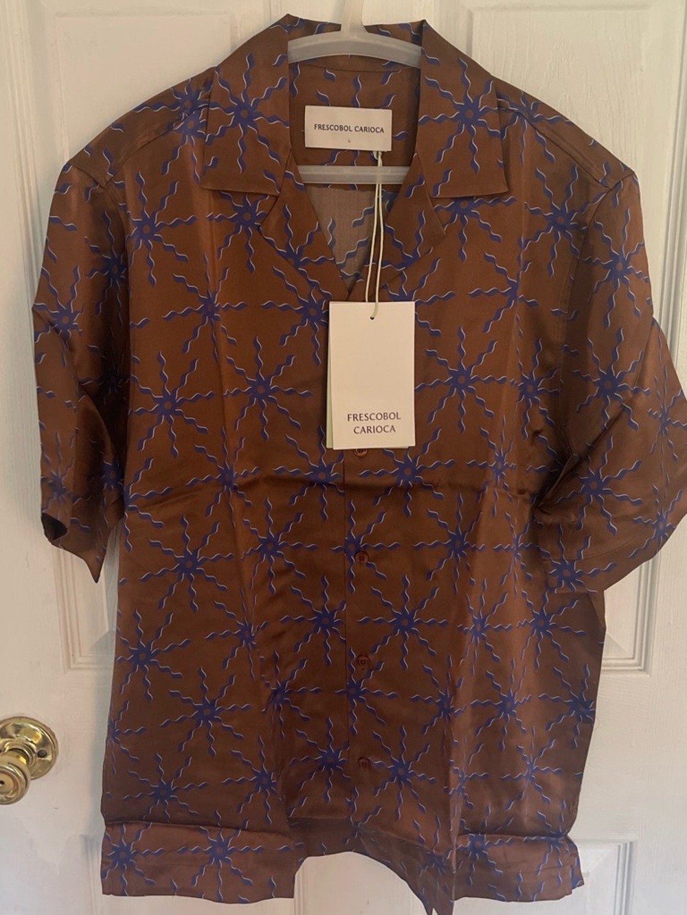 Frescobol Carioca Brown Short-Sleeve Button-Down Shirt with Blue Star Print SILK